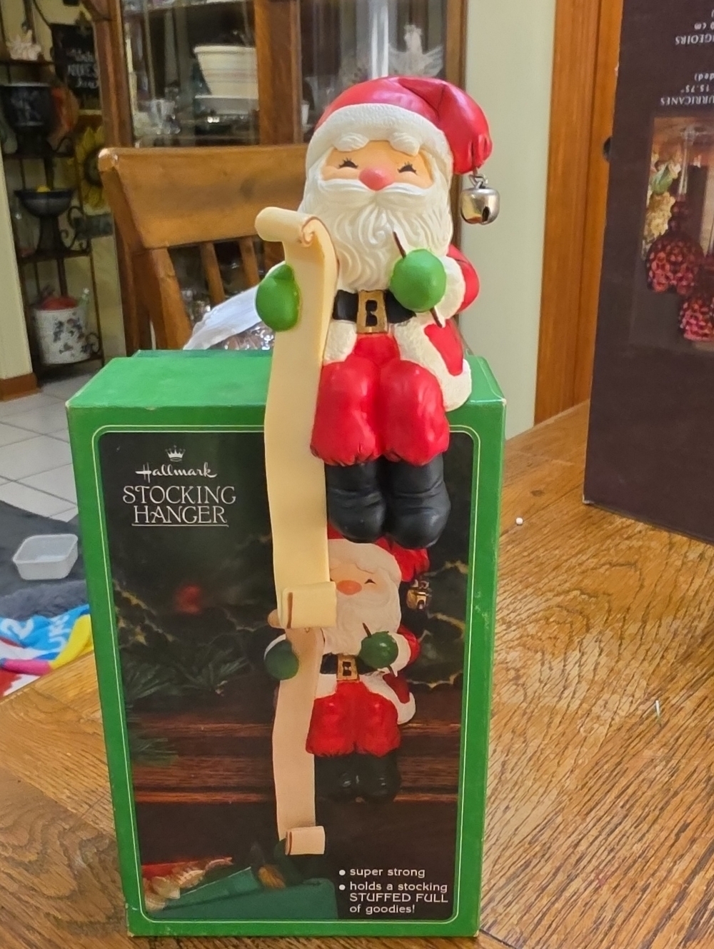 Vintage 1984 Hallmark Red, Green and White Santa Stocking Hanger.In Original Box